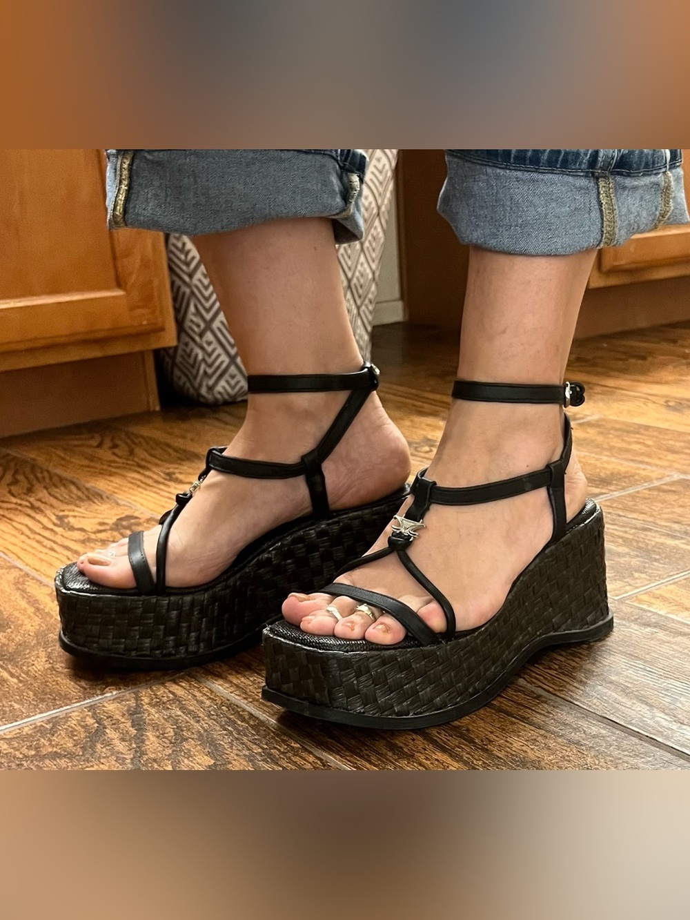 Black Woven Platform Wedge Sandals with Ankle Strap